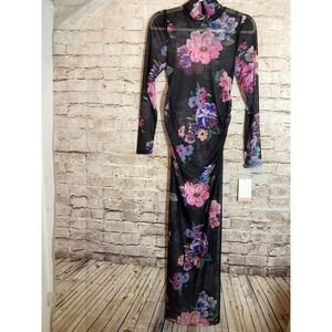 NEW Motherhood Maxi Dress Small Fully Sheer Mesh Dark Romantic Ruched Stretch